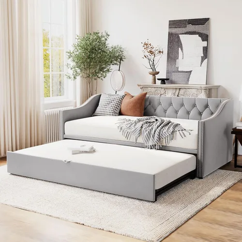 Miniatura 3 de Harper & Bright Designs Sofá cama extensible de terciopelo de tamaño individual con nido desplegable, marco de sofá cama individual a King con Gris