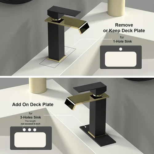 Miniatura 8 de Grifo de lavabo de baño, color negro y dorado, estilo cascada, fabricado en SUS304 de acero inoxidable, maneta única, montaje en cubierta adecuado