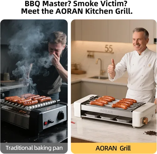 Miniatura 4 de AORAN - Parrilla eléctrica para interiores sin humo, parrilla de encimera de 800 W con platos de cocina antiadherentes extraíbles y estante