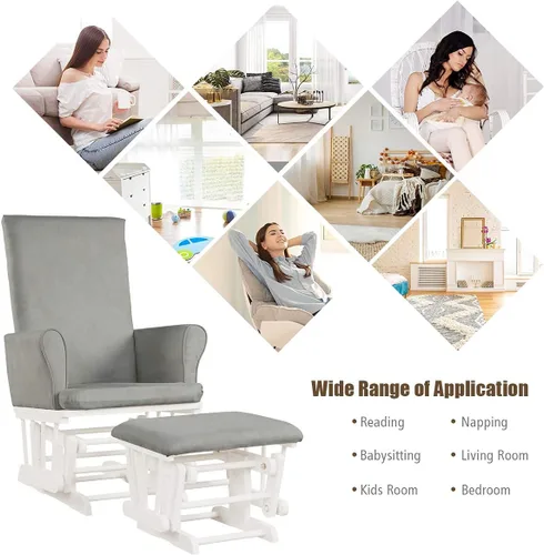 Miniatura 9 de Costzon Juego de cojín mecedor y otomano para bebé, muebles de madera para bebé, para siestas, lactancia, lectura, deslizador tapizado y silla Gris
