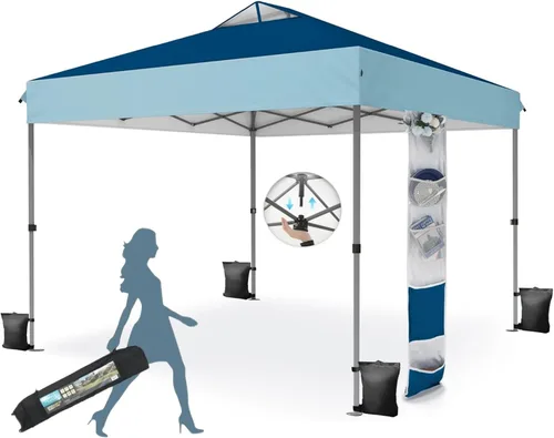 Miniatura 34 de MFSTUDIO Carpa Desplegable de 10x10 pies, Refugio Gazebo Sombra Solar Toldos Impermeables Patio Portátil Carpas con Malla Desplegables para Playa