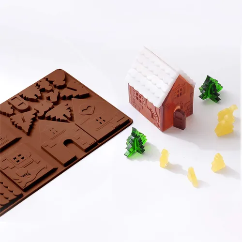 Miniatura 3 de Whaline Christams - Bandeja para hornear de casa de jengibre, moldes de silicona para postres, chocolate, dulces, galletas (2 piezas)