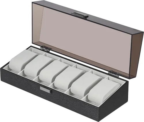 Miniatura 9 de Hzuaneri Caja de reloj, regalos de Navidad, caja de reloj de 6 ranuras con tapa acrílica grande, almohadas de reloj extraíbles, organizador, regalo