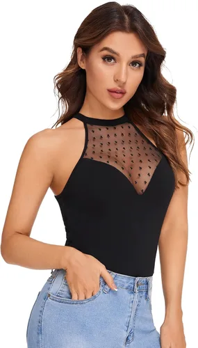 Miniatura 3 de Verdusa Top halter ajustado sin mangas de malla transparente de contraste para mujer