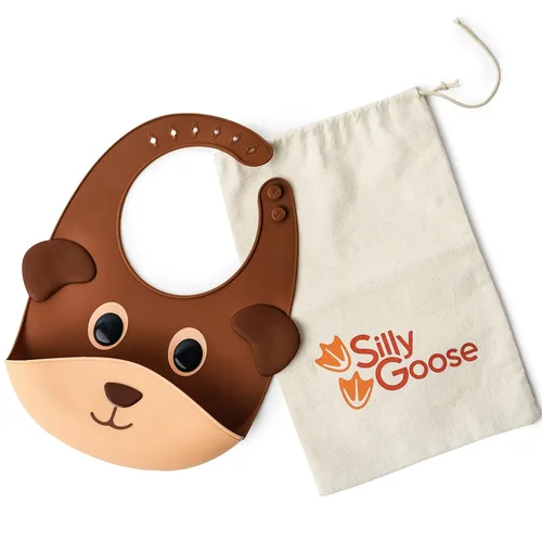 Silly Goose Baberos de silicona para bebés y niños pequeños, impermeables, ajustables, suaves, bolsillo extra ancho para atrapar alimentos (oso bebé)