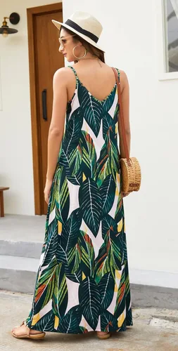 Miniatura 6 de Supnier - Vestido largo de verano para mujer, vestido flora, informal y bohemio con cuello en V, sin mangas, con tirantes delgados y bolsillos