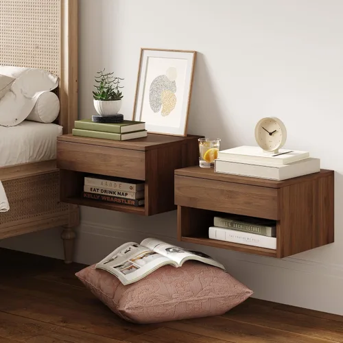 Miniatura 10 de Nathan James Jackson - Mesita de noche flotante de ratán montada en la pared con cajón de almacenamiento y estante abierto moderno, roble claro/ratán