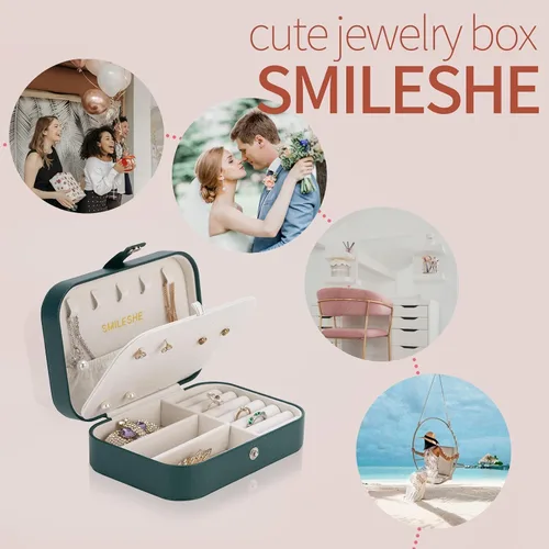 Miniatura 4 de Smileshe Joyero, estuche de viaje portátil pequeño de piel sintética, organizador de 2 capas, cajas de almacenamiento para anillos, aretes