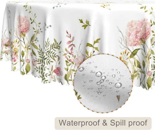 Miniatura 2 de Mantel redondo floral de primavera y verano de 48 pulgadas, diseño de flores rosas en acuarela, plantas botánicas, mantel decorativo de tela lavable