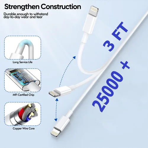 Miniatura 6 de Cargador de iPhone de carga rápida, paquete de 2 bloques de carga de pared USB C de Apple PD con cable USB-C a Lightning de 3 pies, adaptador tipo C