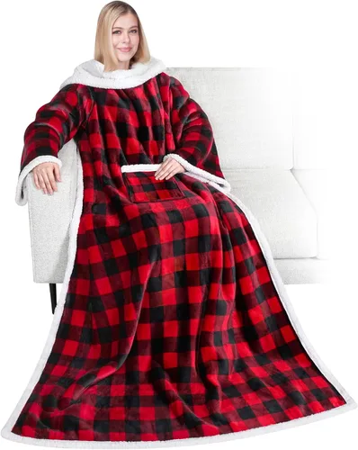 Miniatura 10 de PAVILIA Manta de forro polar con mangas para mujeres y hombres adultos, manta portátil cálida y suave, acogedora con bolsillo para abrazarse, manta