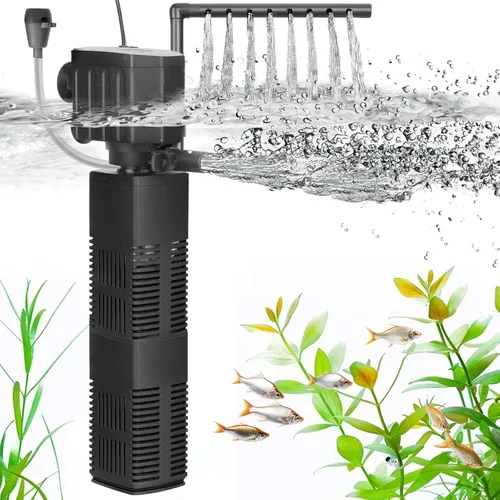 AQQA Filtro de acuario, filtración de 3 etapas, fabricante de ondas ajustables y oxigenador, bomba sumergible silenciosa de 18 W 164 GPH, filtro de