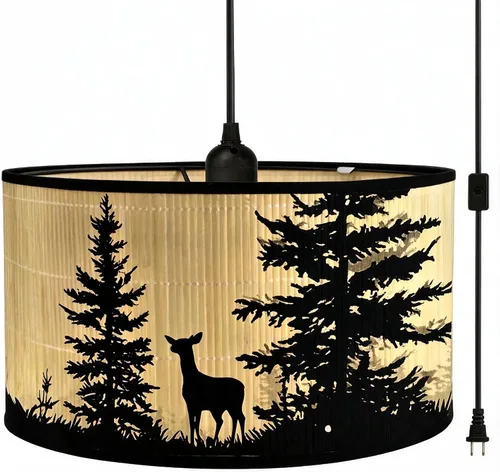 Miniatura 8 de Bioaqua - Lámpara colgante de bambú con cable enchufable (15 pies), lámpara colgante de macramé estilo bohemio con patrón, luces colgantes bohemias