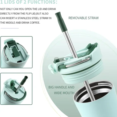 Miniatura 2 de Vaso BOTTLE BOTTLE para café con tapa de doble uso y pajita, vaso de viaje para café con doble pared para mujer y hombre, vaso de acero inoxidable