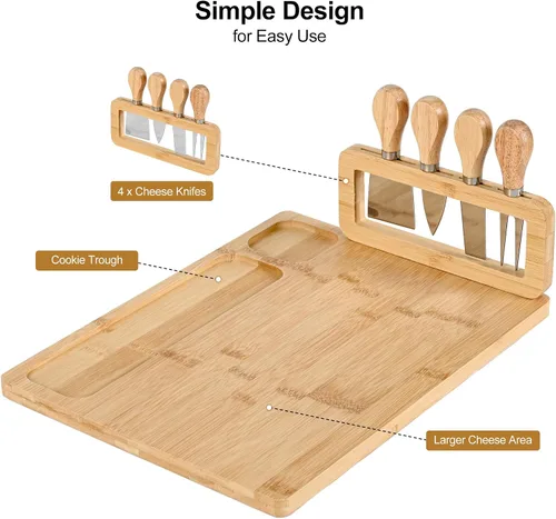 Miniatura 4 de Juego de tabla de queso de bambú y cuchillos, juego de tablas grandes de charcutería de 14 x 11 pulgadas, bandeja de queso con soporte