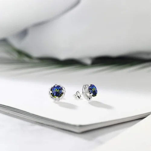 Miniatura 433 de Gem Stone King Aretes de plata de ley 925 de 0.236 in con piedra natal redonda para mujer