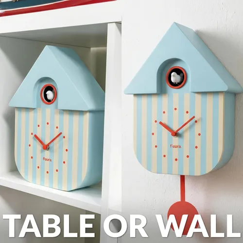 Miniatura 5 de Fisura - Reloj de pared de cuco a rayas azules y beige con esfera roja - Reloj de pared decorativo moderno, regalo único de decoración del hogar