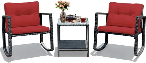 Tangkula Juego de 3 piezas de muebles mecedoras de mimbre para patio, juego de muebles de mecedora para exteriores con asiento acolchado, juego de