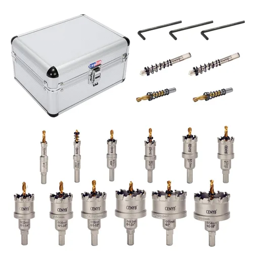 Miniatura 99 de 10 piezas (16-54 mm) Kit de sierra perforadora de carburo TCT para metales duros. Incluye 2 brocas de titanio, 1 broca piloto escalonada y 2 llaves
