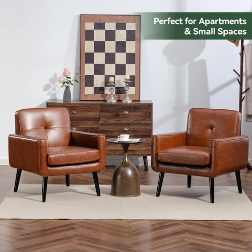 Miniatura 5 de Sillón moderno de acento de mediados de siglo, silla de piel sintética PU con estructura de madera, sillón acogedor para lectura con respaldo cómodo