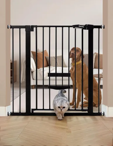 BABELIO Puerta de bebé extra alta de 36 pulgadas con puerta de gato, puerta de metal para mascotas de 29.5-40 pulgadas para escaleras, puertas, Negro