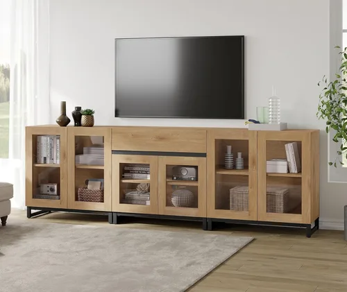 Miniatura 11 de WAMPAT Soporte de TV 3 en 1 para televisores de hasta 100 pulgadas, moderno centro de entretenimiento con puertas de vidrio y cajón, consola de TV