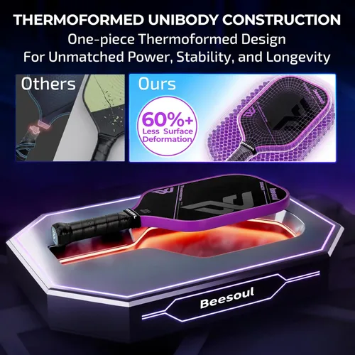 Miniatura 2 de Beesoul Paleta de pickleball con superficie de fibra de carbono sin procesar termoformada T700, construida para máxima potencia de giro y control