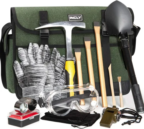 INCLY Kit de 15 martillos de geología, martillo de 32 onzas y 3 cinceles de excavación para caza de rocas, equipo de minería y prospección de oro,
