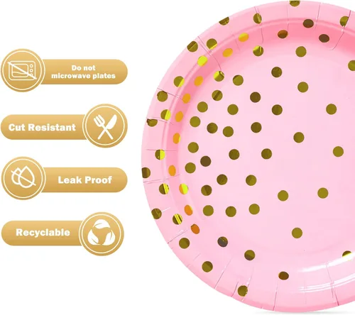 Miniatura 4 de Platos de papel de oro rosa, 100 unidades, platos de postre de puntos rosados y dorados, suministros de fiesta redondos desechables ideales para Oro