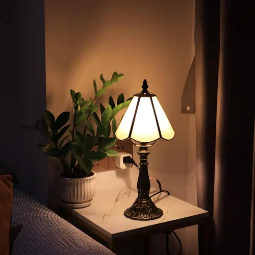 Miniatura 10 de Small Tiffany Table Lamp Grass Green Rippled Stained Glass Desk Lamps 6X6X14 Inch Bronze Resin Base Antique Mini Accent Light