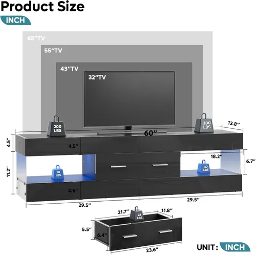 Miniatura 2 de Bestier Soporte de TV negro para TV de 55/60/65 pulgadas, soporte de TV moderno de alto brillo con paneles laterales con estampado de piedra, centro