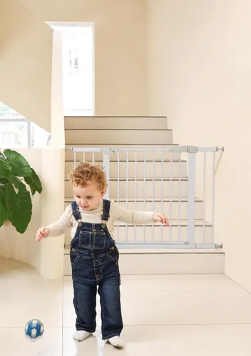 Miniatura 11 de Puerta de seguridad para bebés y mascotas de 29"-57", puerta de metal de 30" de alto con paso para puertas y escaleras, fácil de abrir con una sola