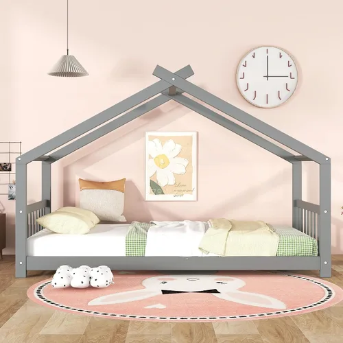 Miniatura 3 de Bellemave Montessori - Cama de suelo tamaño individual, marco de cama individual con cabecero, estribo, cama Montessori de madera con listones