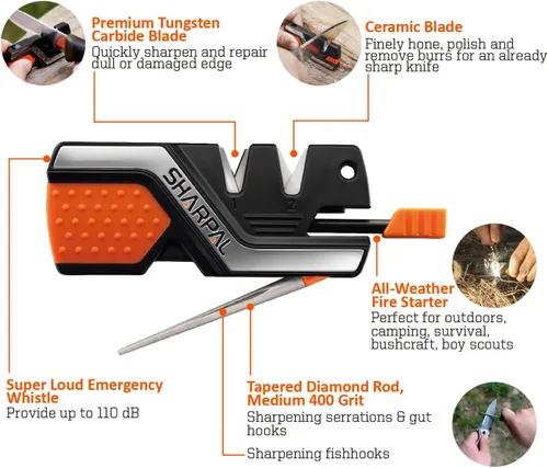 Miniatura 2 de SHARPAL 101N - Afilador de cuchillos de bolsillo 6 en 1 y herramienta de supervivencia, con barra de ferro para iniciador de fuego, silbato y barra