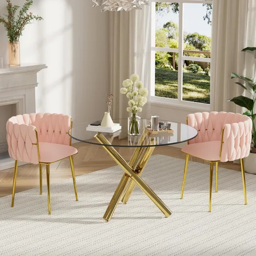 Miniatura 31 de Juego de mesa redonda dorada para 4, juego de mesa de comedor de 39'' con tapa de vidrio transparente, juego de mesa de cocina circular moderna de 5