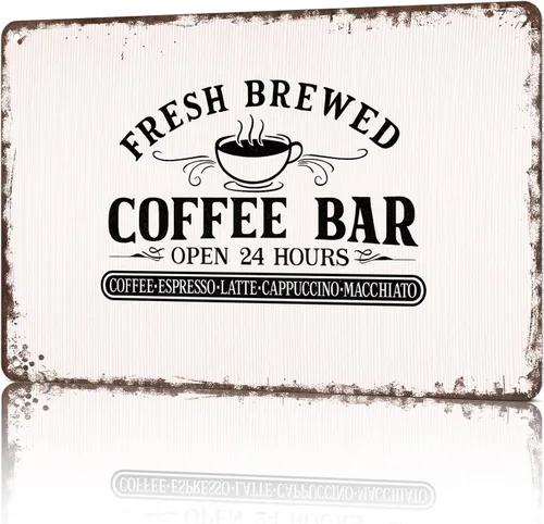 Vintage Metal Tin Sign Vintage Fresh Brewed Coffee Bar Metal Sign Posters Wall Art for Dorm Home Office Room Decor 8X12inch