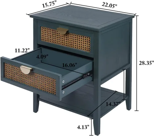 Miniatura 2 de Mesita de noche de ratán con 2 cajones con asas de metal para sala de estar, dormitorio, lugar pequeño, verde