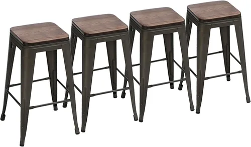 Miniatura 8 de Yongchuang Juego de 4 taburetes de bar de metal negro de 24 pulgadas, apilables, sin espalda, con parte superior de madera