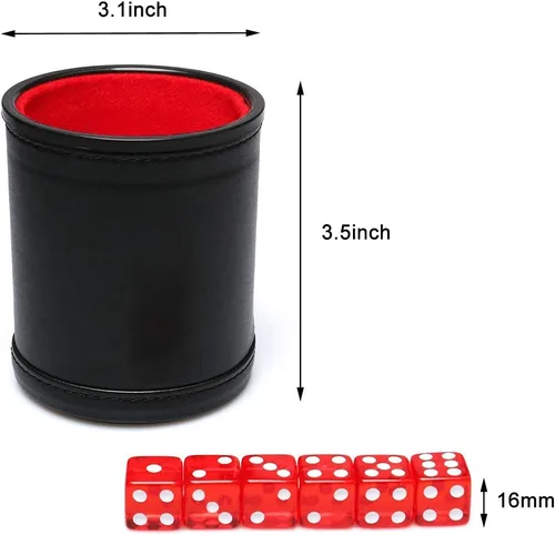 Miniatura 5 de Juego de dados de cuero sintético, interior de terciopelo rojo, silencioso, con 6 dados de puntos translúcidos rojos para mentirosos, dados Farkle