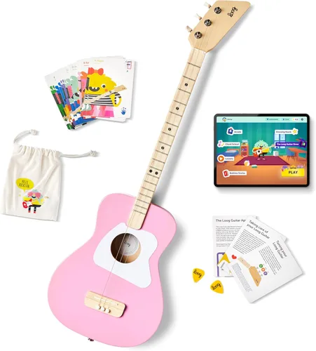 Loog Pro - Guitarra acústica infantil de 3 cuerdas para niños a partir de 6 años, con aplicación de aprendizaje y lecciones incluidas Rosa