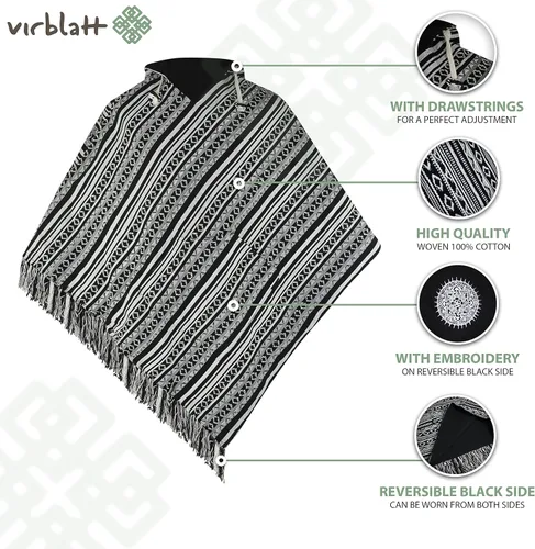 Miniatura 6 de virblatt - Poncho para hombre 100 algodón Poncho mexicano Baja sudadera con capucha para hombre Reversible Capa azteca mexicana con capucha