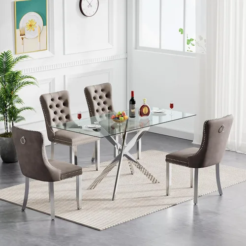 Miniatura 37 de Juego de 4 mesas de comedor de cristal para 4, juego de 4 mesas y sillas de cocina modernas, juego de mesa de comedor de cocina de 5 piezas con mesa