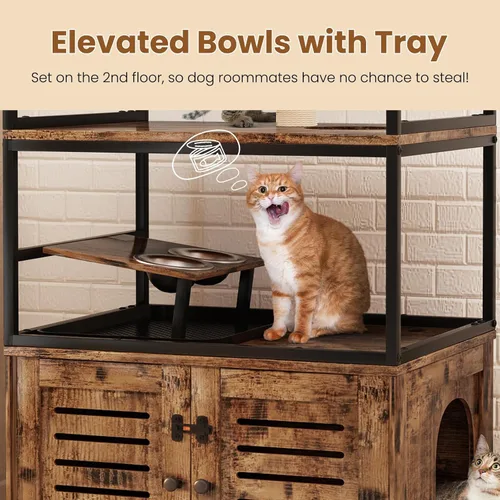 Miniatura 3 de AWQM Caja de arena grande para gatos, torre de árbol de 3 niveles con cuenco de alimentación elevado, postes rascadores, baño oculto, condominio