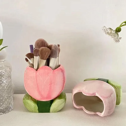 Miniatura 5 de TANG SONG Soporte para brochas de maquillaje de tulipanes de cerámica, caja de almacenamiento de cosméticos de flores, soporte para bolígrafos y Rosa