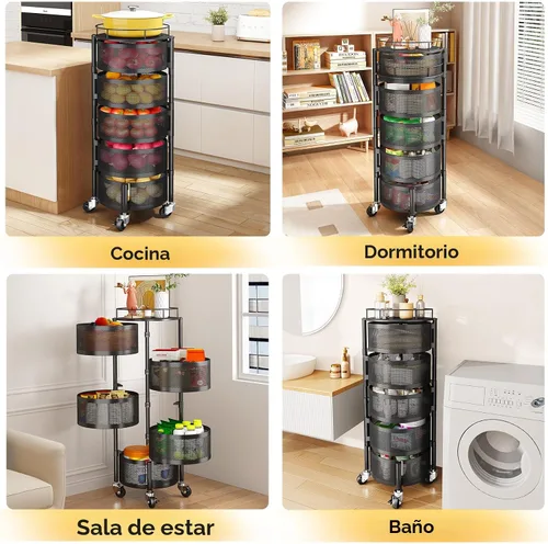 Miniatura 7 de SNTD Cesta de frutas y verduras para cocina con tapa superior de metal, carrito de almacenamiento giratorio de 5 niveles para papa, cebolla, pan