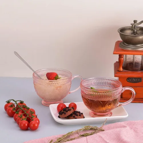 Miniatura 7 de Tazas de café de vidrio vintage con asa, tazas de vidrio en relieve rosa de 14 onzas para capuchino, latte, cereales, yogur, té, leche (4)
