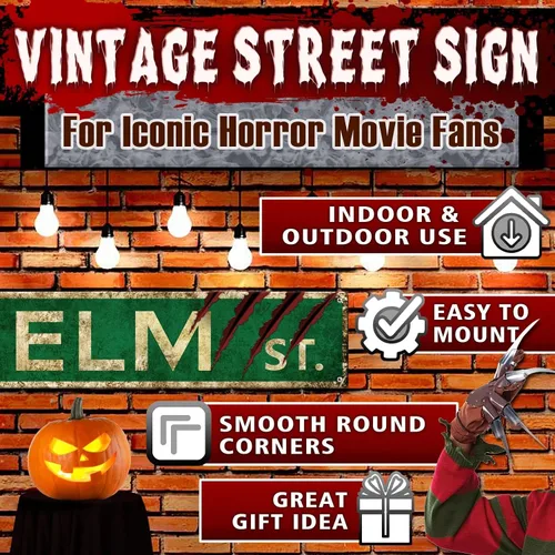 Miniatura 4 de Regalos de Películas de Terror de Navidad Letrero de Elm Street Letreros de Metal Retro Decoración Espeluznante de Halloween, Arte de Pared Póster