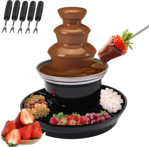 Fuente de chocolate de 3 niveles de 120 V, 40 W, acero inoxidable negro, capacidad de 1 libra, con bandeja de alimentos y 6 tenedores para fiestas y