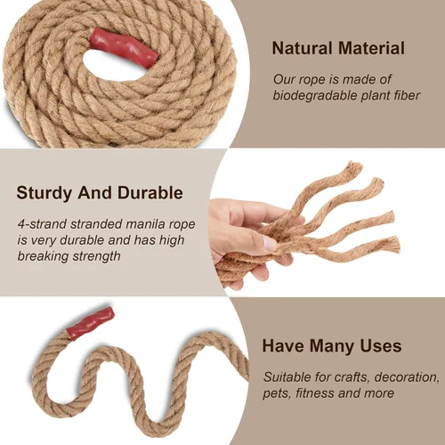Miniatura 5 de Cuerda Manila de yute natural, 1 1/2 pulgadas x 49 pies, cuerda de cáñamo de fibra trenzada de 4 hebras para deportes, decoración, juguetes