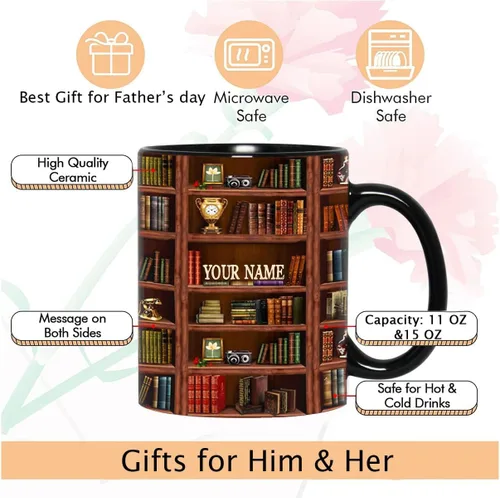 Miniatura 6 de B62112 - Taza de bibliotecario personalizada, motor de búsqueda original, estante de biblioteca, taza para amantes de los libros, color negro, 11
